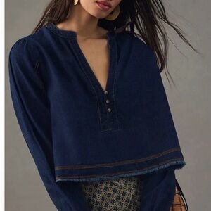 Pilcro Cropped Denim Peasant V Neck Blouse Blue Women's M